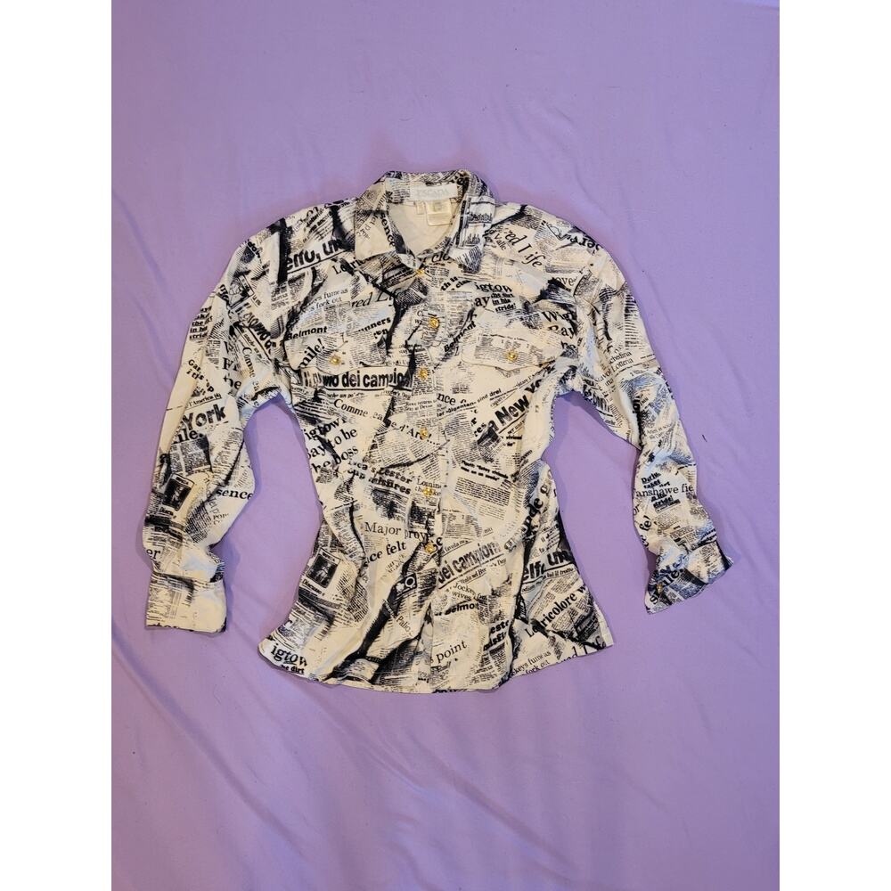 VINTAGE ESCADA Margaretha Ley Newspaper Print Silk Blouse Shirt 90s Gazette Rare